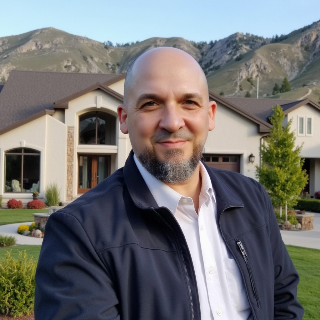 Micah Roquiero standing in front of a Utah home and mountain landscape